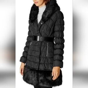 Laundry by Shelli Segal 3/4 Black Hooded Puffer Jacket Pit To Pit 20" Lenth 35: